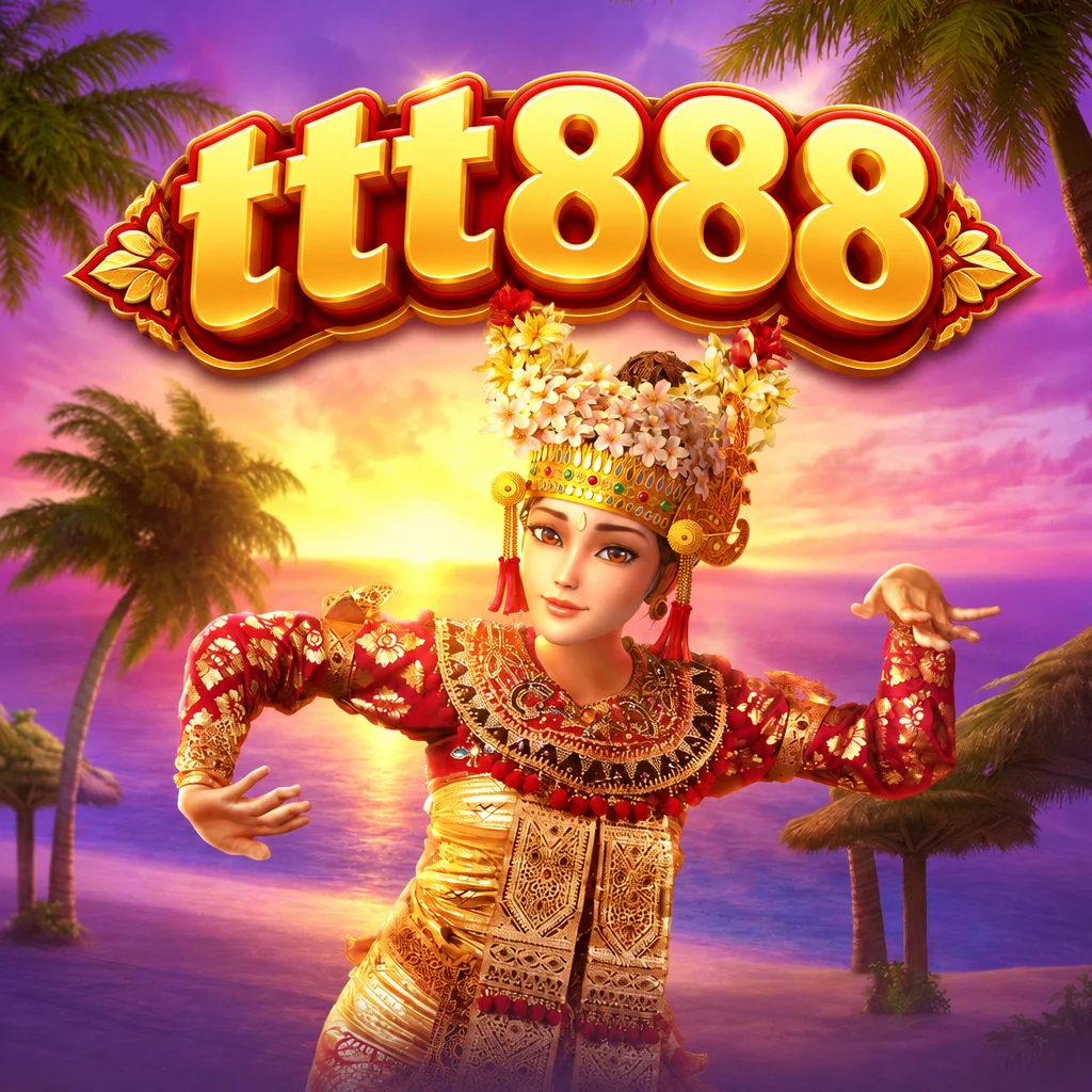 Penari Bali berkostum tradisional dengan latar pantai matahari terbenam pada game Bali Vacation di ttt888